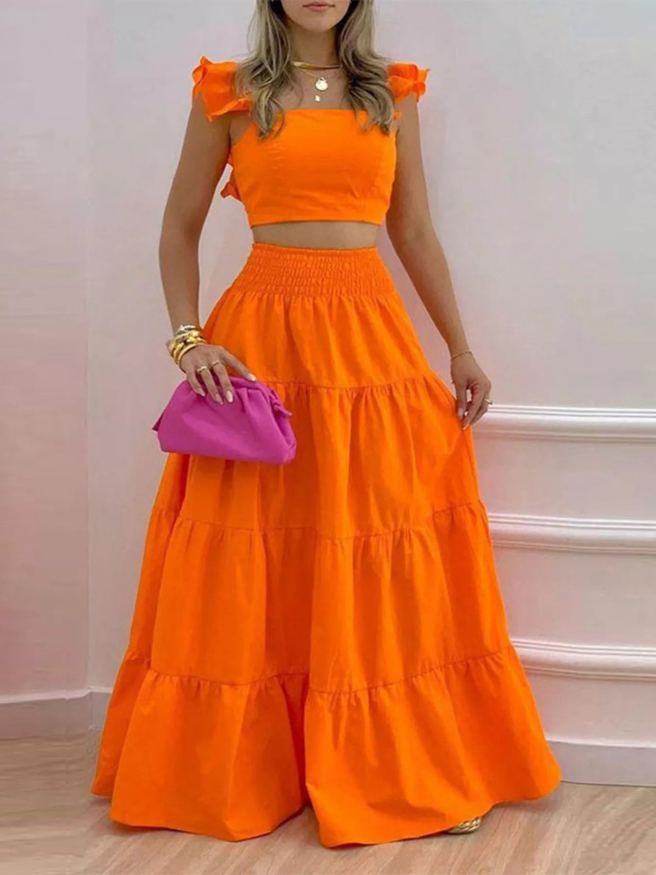 Hazel Blues® |  Crop Top and Tiered Maxi Skirt Set