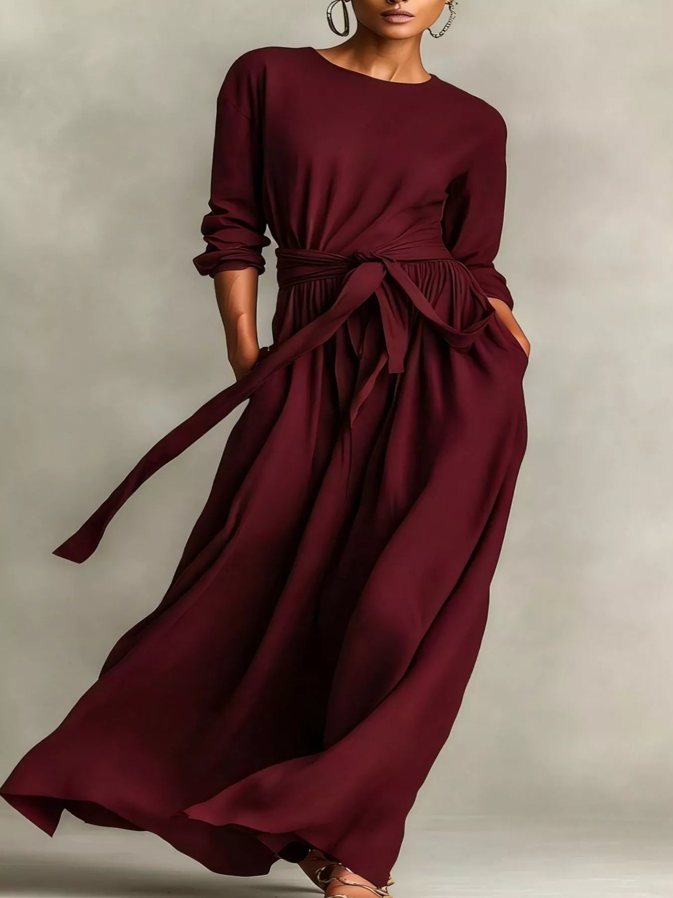 Hazel Blues® | Long Sleeve Tie Waist Maxi Dress