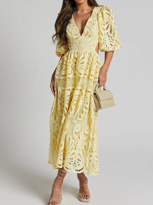 Hazel Blues® |  Cutout Back Lace Crochet V-Neck Dress