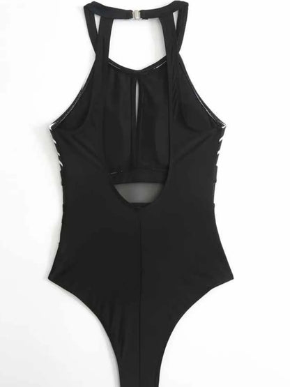 Hazel Blues® | Mesh Detail Backless Striped One-Piece Swimsuit