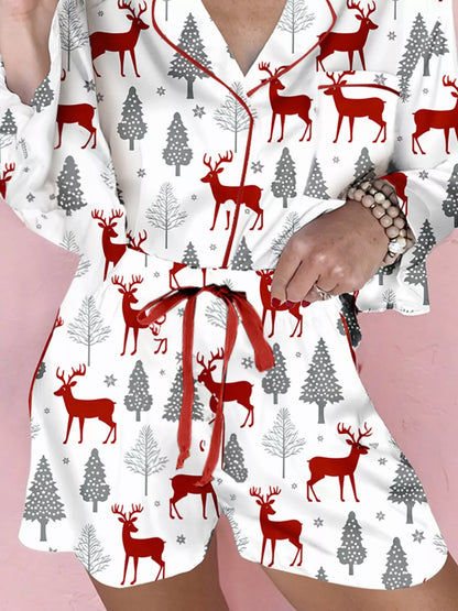 Hazel Blues® |  Christmas Fashion Print Velvet Trim Top and Shorts Pajama 2pcs Set