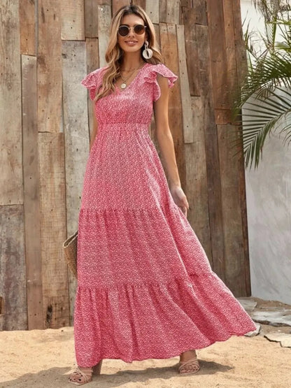 Hazel Blues® |  Printed V-Neck Ruffled Cap Sleeve Maxi Dress