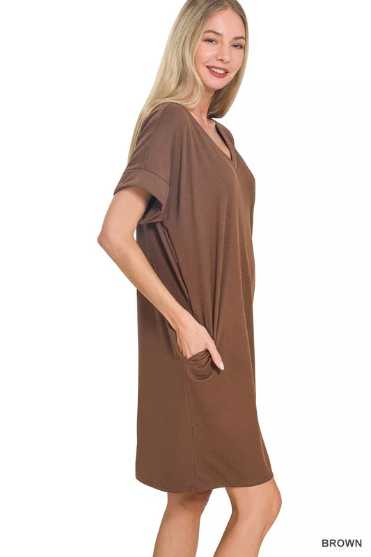 Hazel Blues® |  Zenana Brushed Dty Rolled Short Sleeve V-Neck Dress