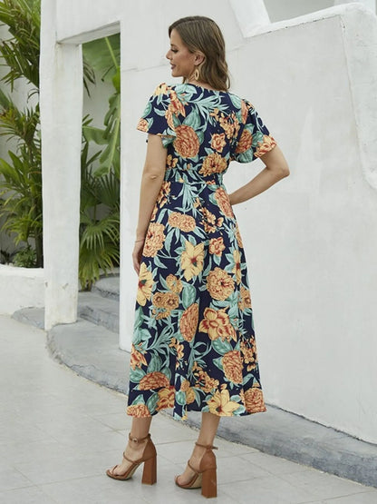 Hazel Blues® |  Floral Print Short Sleeve Wrap Midi Dress