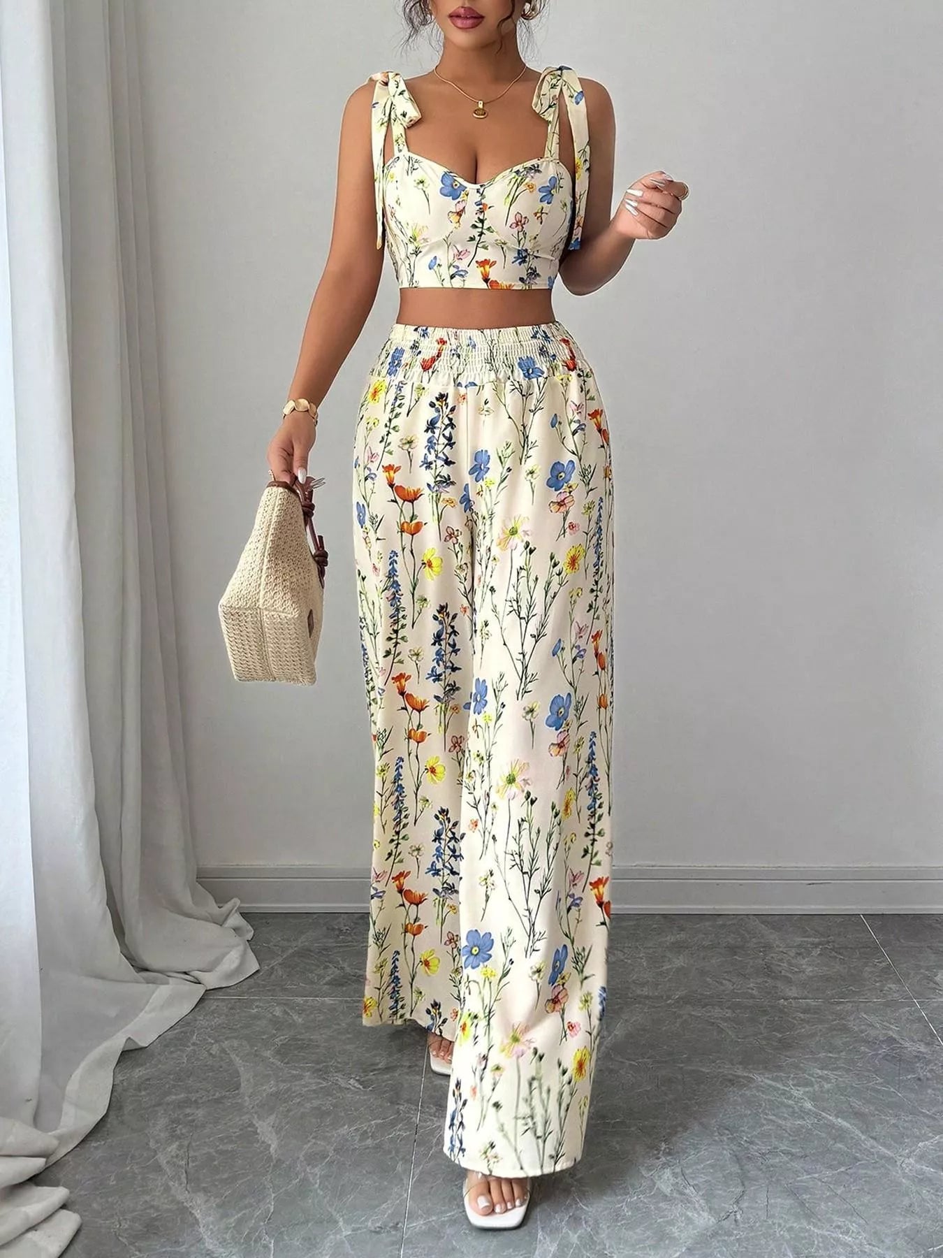 Hazel Blues® |  Floral Print Tie-Shoulder Crop Top & Wide Leg Pants Set