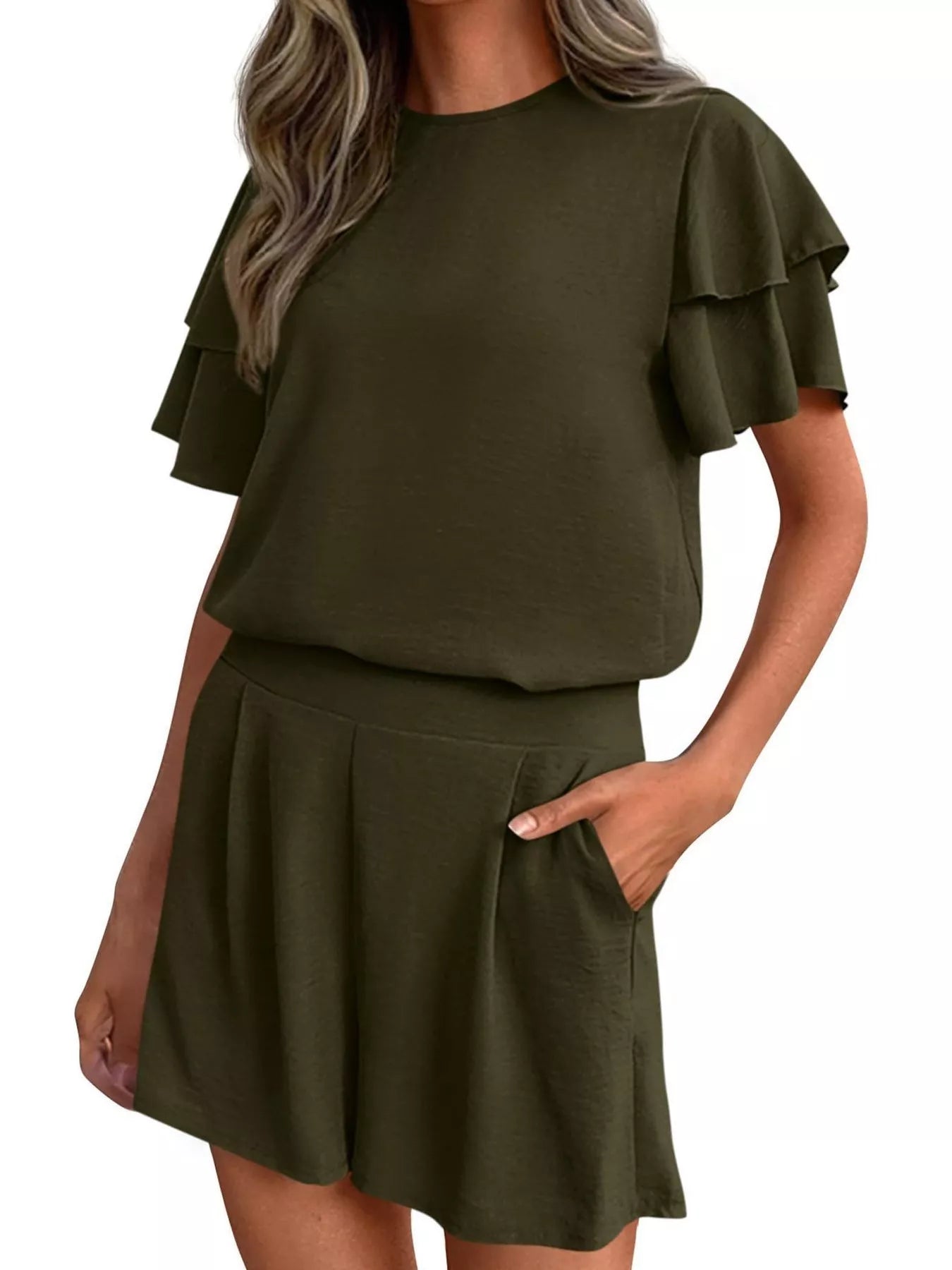 Hazel Blues® |  Ruffle Sleeve Top and Shorts Two-Piece Set