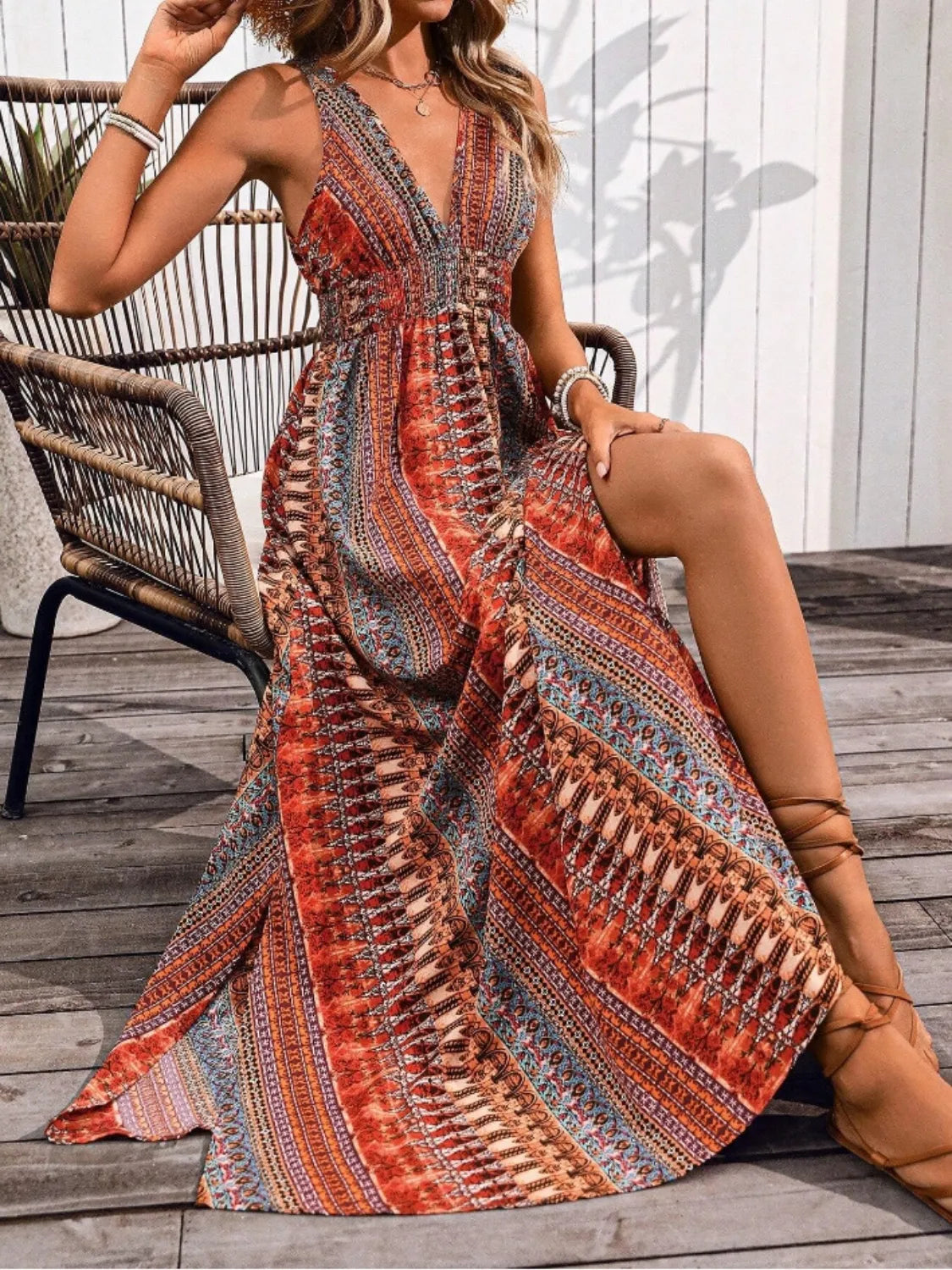 Hazel Blues® |  Tied Back Printed Sleeveless Maxi Slit Dress