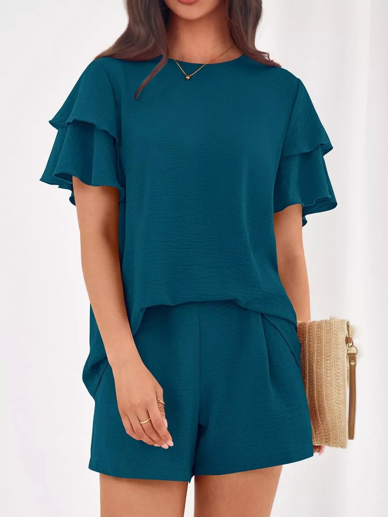 Hazel Blues® |  Ruffle Sleeve Top and Shorts Two-Piece Set