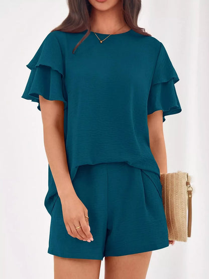 Hazel Blues® |  Ruffle Sleeve Top and Shorts Two-Piece Set