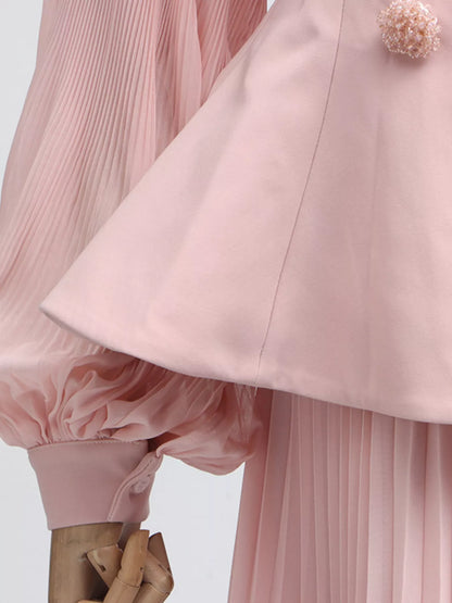 Hazel Blues® |  Frill Lapel Collar Top and Pleated Skirt Set