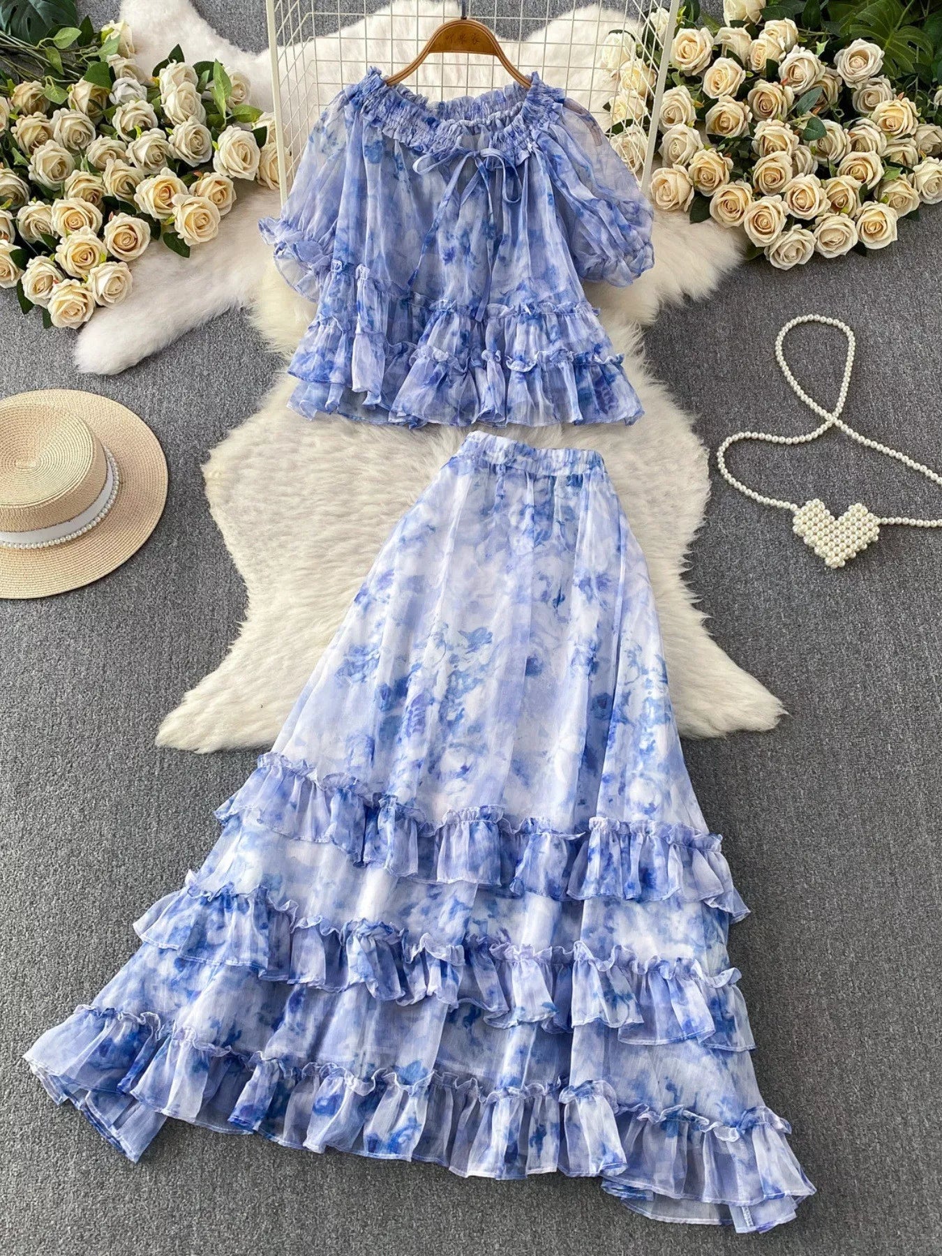 Hazel Blues® |  Floral Print Ruffle Hem Blouse and Skirt Set