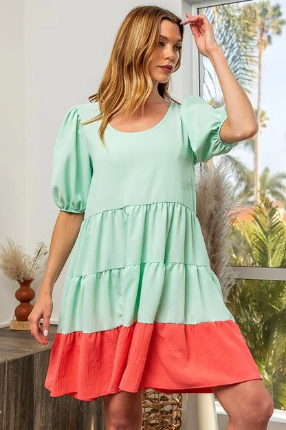 Hazel Blues® |  BiBi Two-Tone Balloon Sleeves U Neck Tiered Ruffle Hem Mini Dress