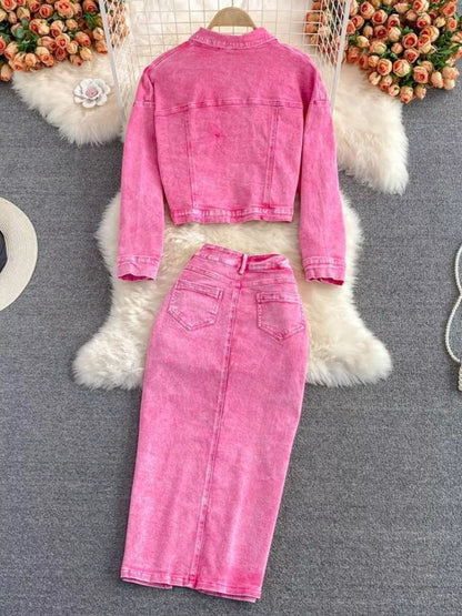 Hazel Blues® |  Button Up Jacket and Slit Skirt Denim Set