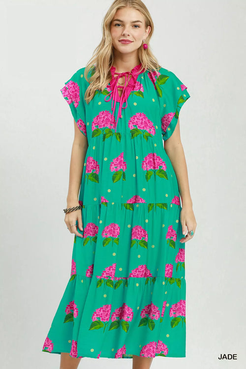 Hazel Blues® |  Umgee Hydrangea Print Tiered Midi Dress