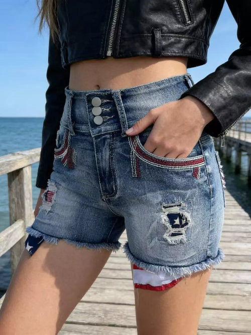 Hazel Blues® |  American Flag Distressed Denim Shorts