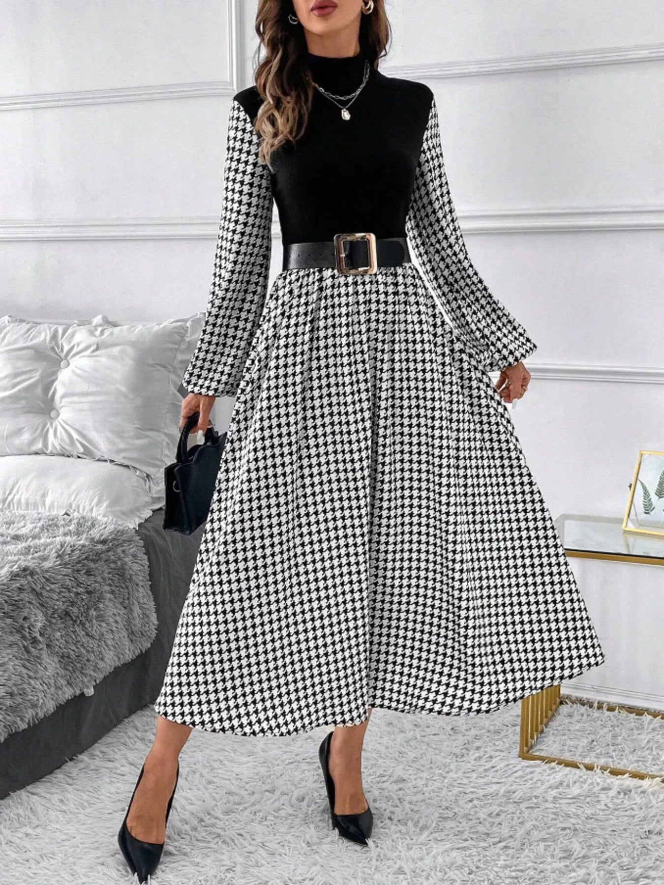 Hazel Blues® |  Houndstooth Mock Neck A-Line Dress