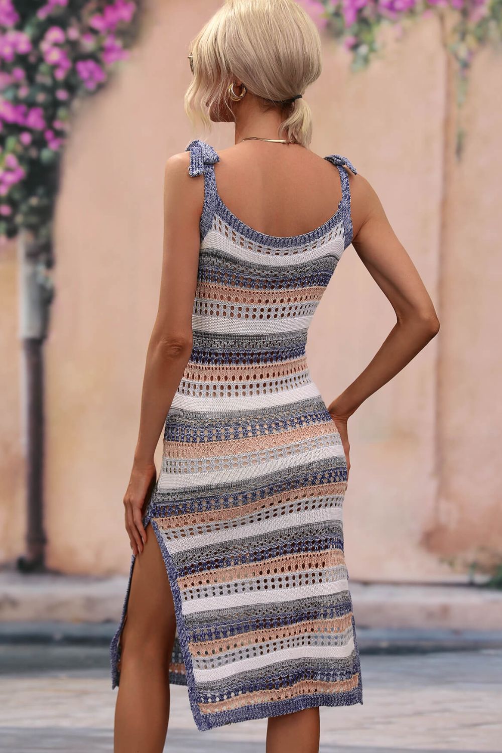 Hazel Blues® | Striped Tie Shoulder Split Cover Up Dress