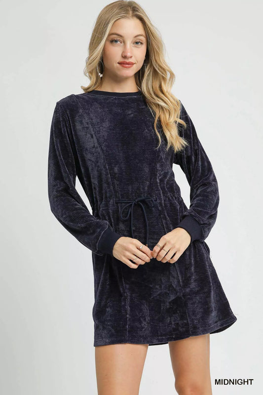 Hazel Blues® |  Umgee Velour Drawstring Mini Dress with Long Sleeves