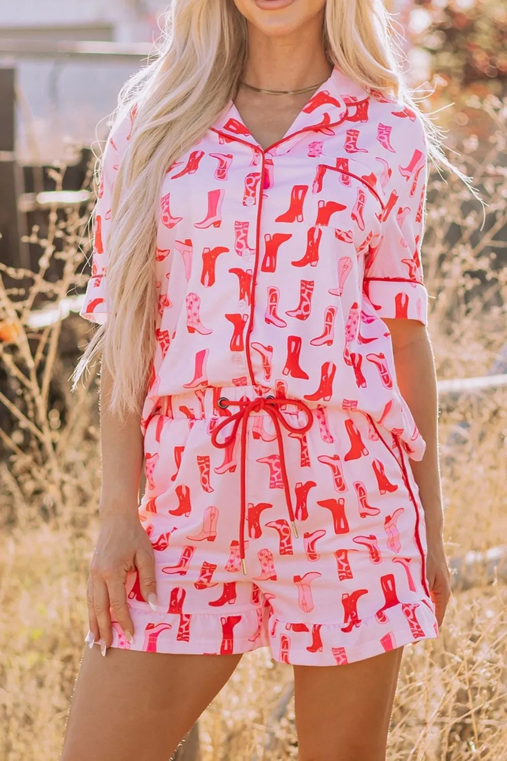 Hazel Blues® |  Cowgirl Boots Printed Shirt and Shorts Set