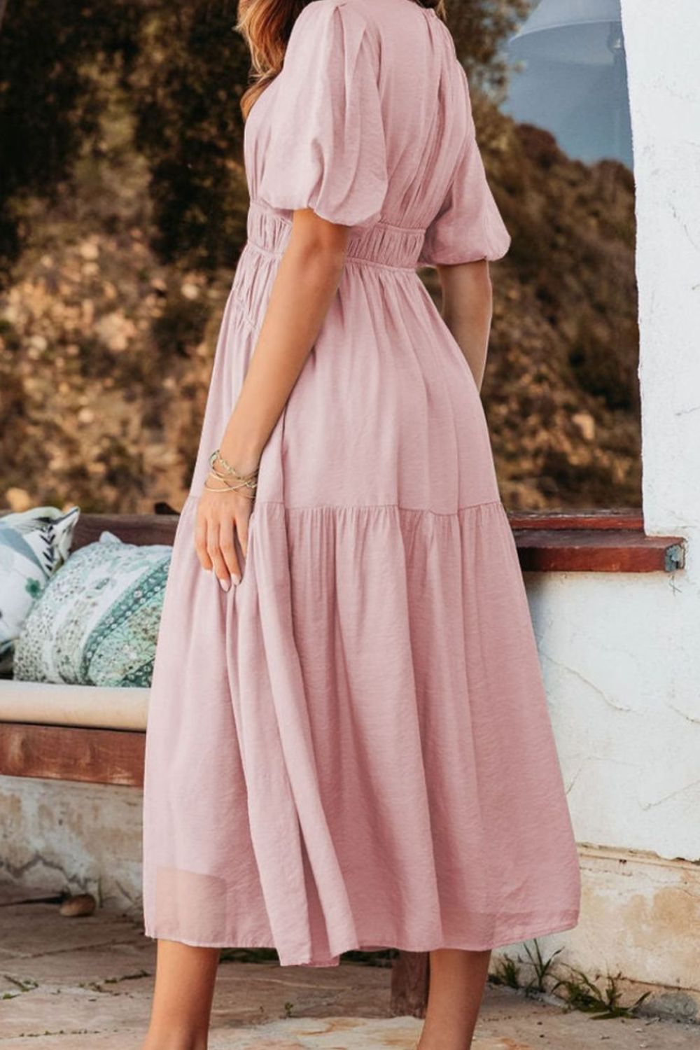 Hazel Blues® |  Puff Sleeve Pleated High Waist Flowy Midi Dress