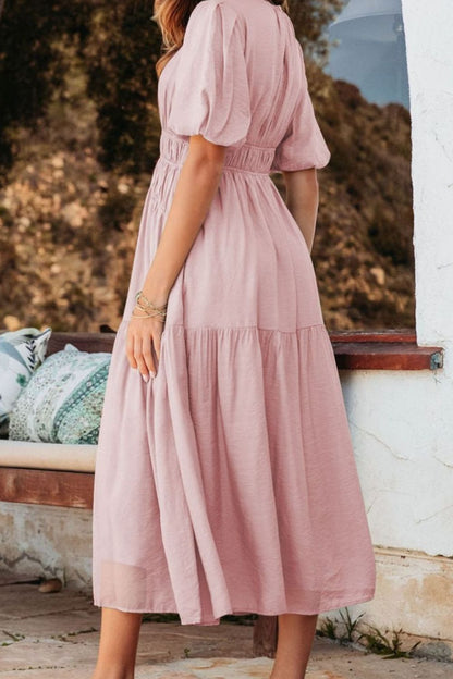 Hazel Blues® |  Puff Sleeve Pleated High Waist Flowy Midi Dress
