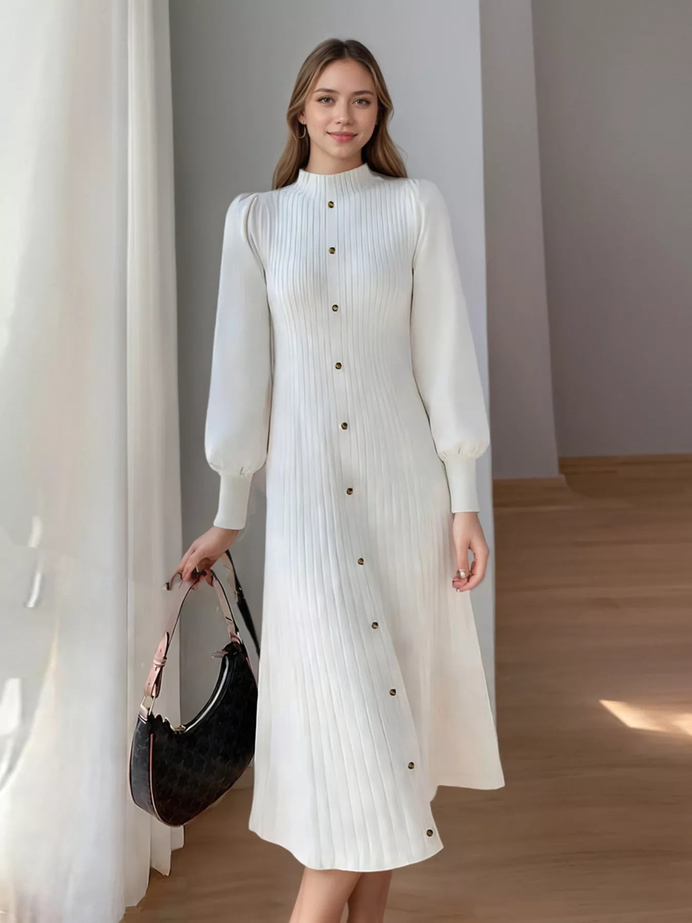 Hazel Blues® |  Ribbed Knit Mock Neck Midi Dress