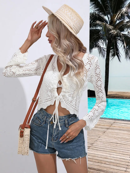 Hazel Blues® | Openwork Drawstring V-Neck Long Sleeve Cover-Up