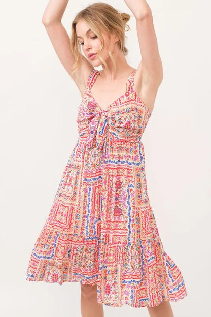Hazel Blues® |  And The Why Tied Front Smocked Back Tiered Boho Printed Dress