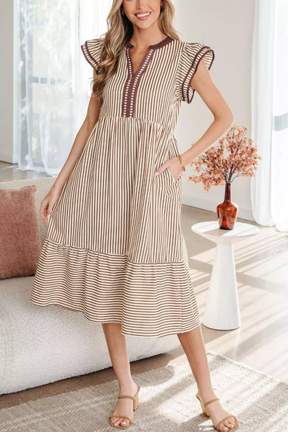 Hazel Blues® | Stripe Slit V Neck Tiered Flutter Sleeve Dress