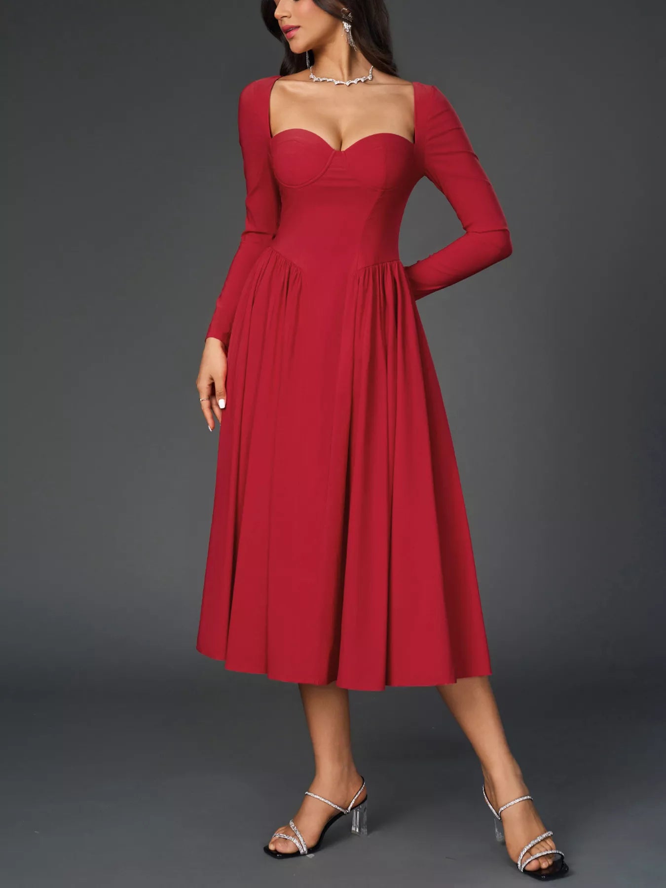 Hazel Blues® |  Sweetheart Neckline Long Sleeve A-Line Midi Dress