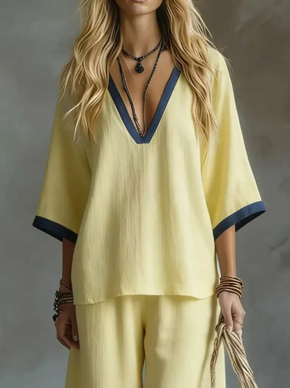 Hazel Blues® |  Contrast Trim V-Neck Top and Pants Set