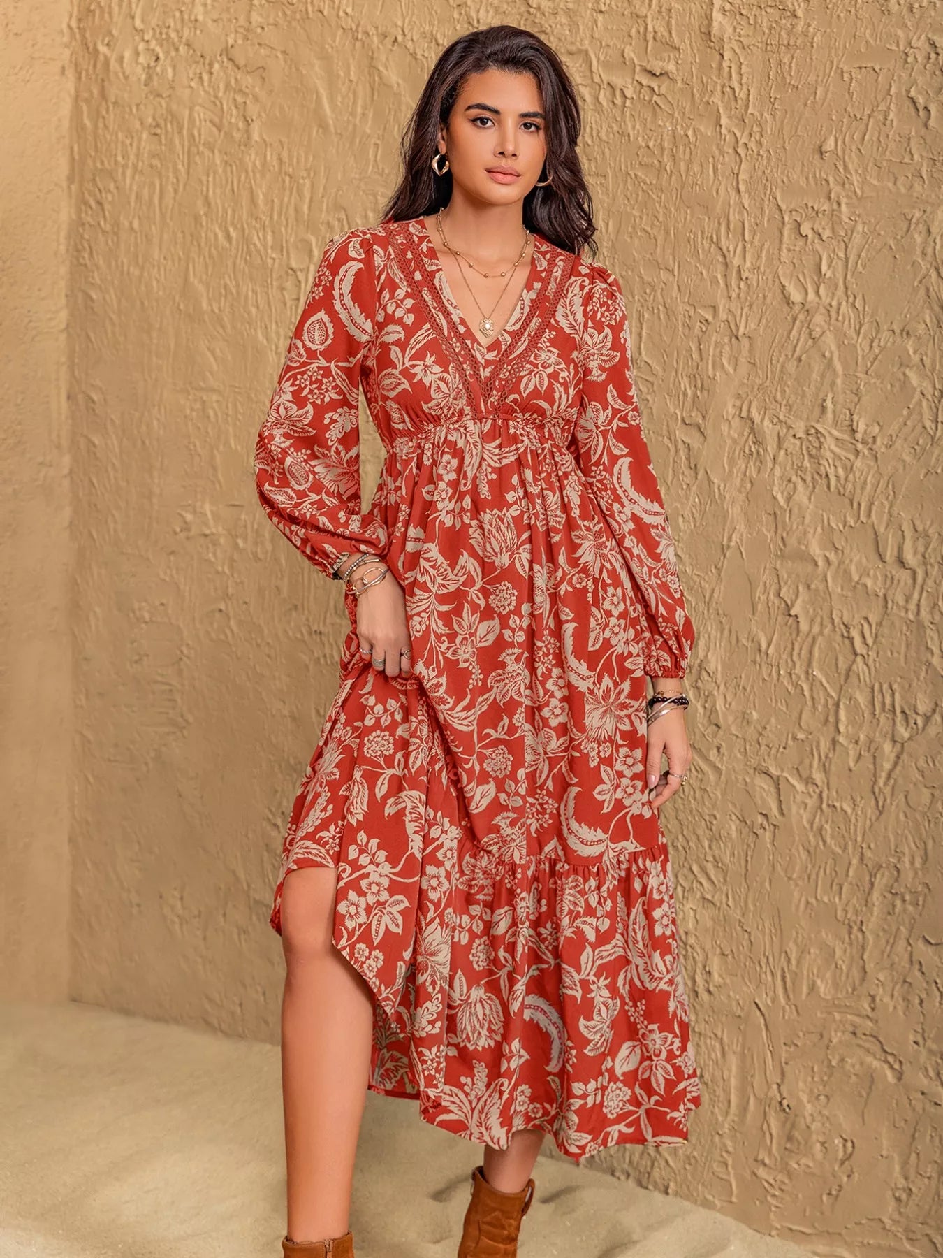 Hazel Blues® |  Boho Floral Print Long Sleeve Midi Dress