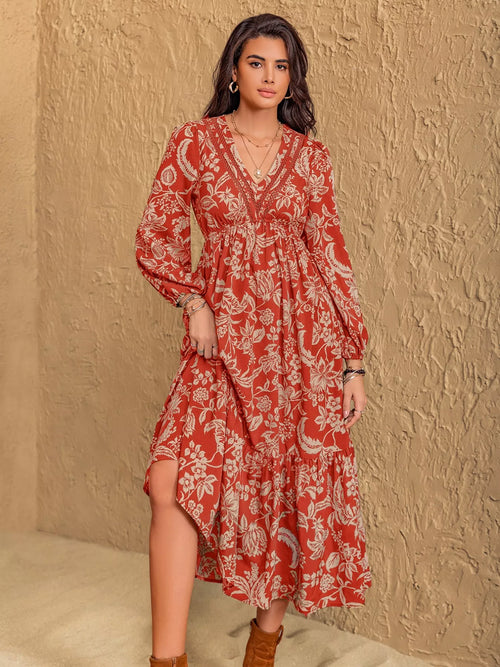 Hazel Blues® |  Boho Floral Print Long Sleeve Midi Dress