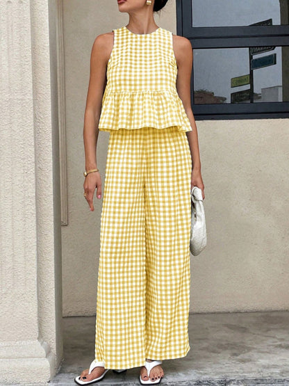 Hazel Blues® |  Gingham Sleeveless Top and Wide-Leg Pants Set