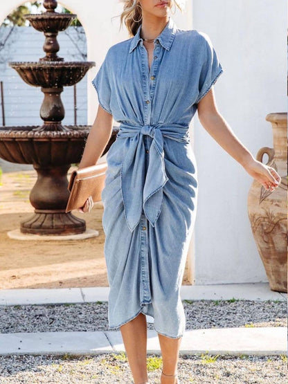 Hazel Blues® |  Collared Neck Tie Waist Short Sleeve Denim Dress