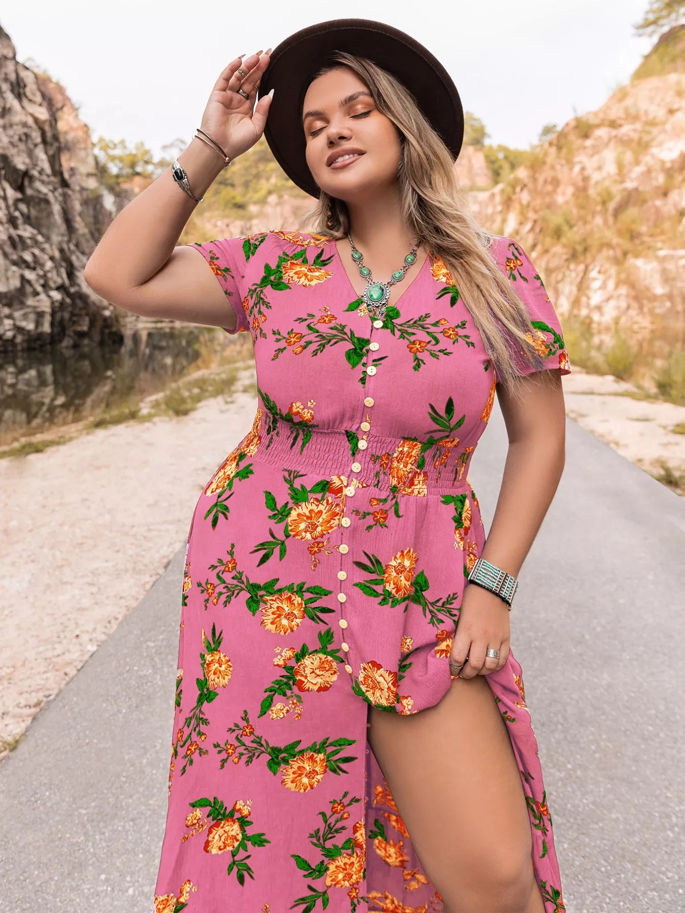 Hazel Blues® | Floral V-Neck Short Sleeve Maxi Dress