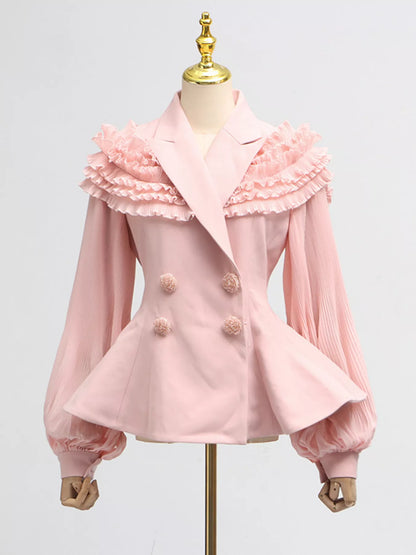Hazel Blues® |  Frill Lapel Collar Top and Pleated Skirt Set