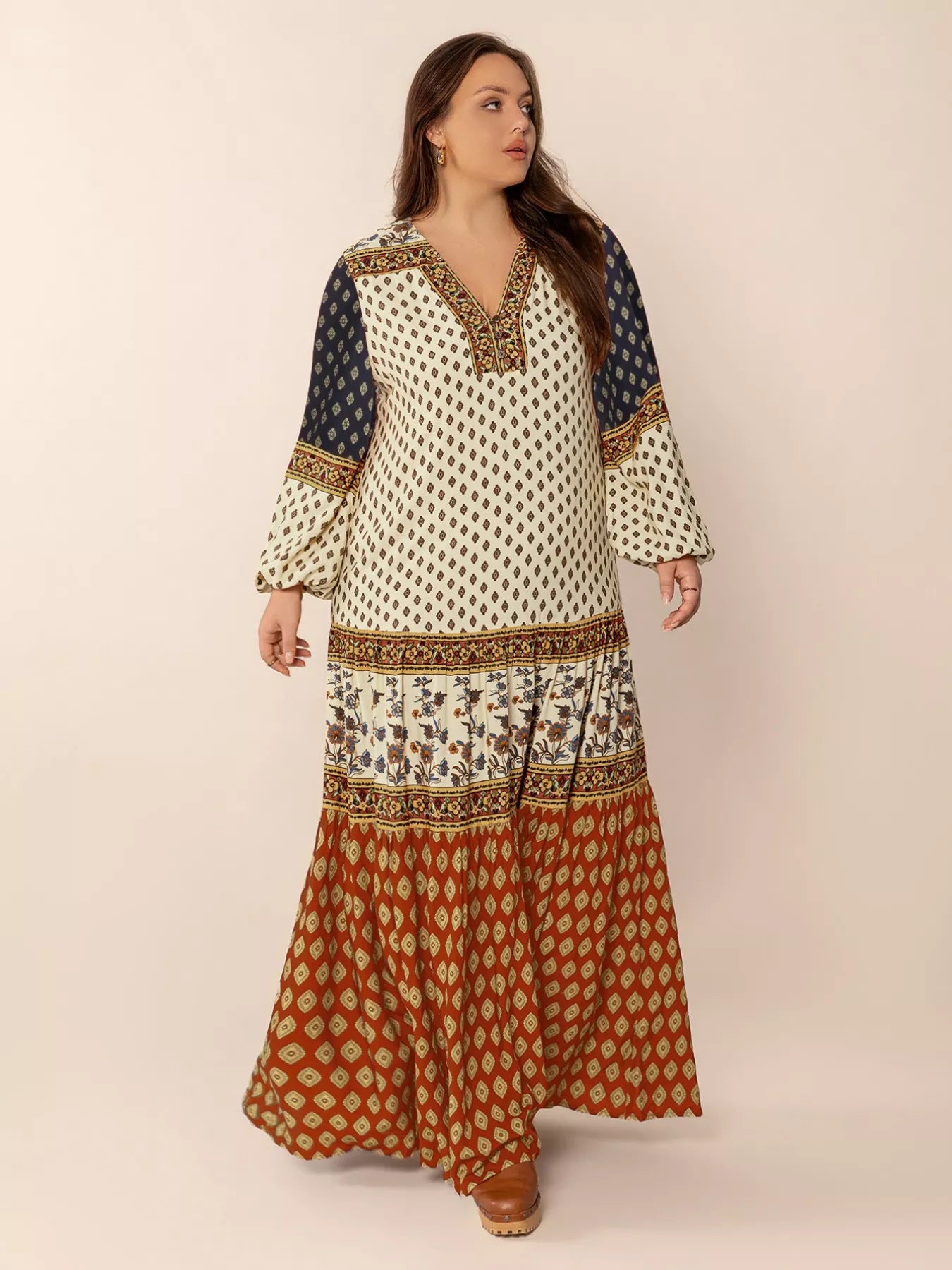 Hazel Blues® | Notched Balloon Sleeve Maxi Dress