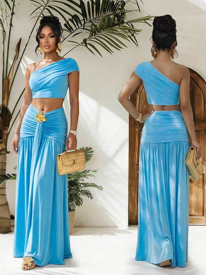 Hazel Blues® |  One-Shoulder Top and Ruched Maxi Skirt Set