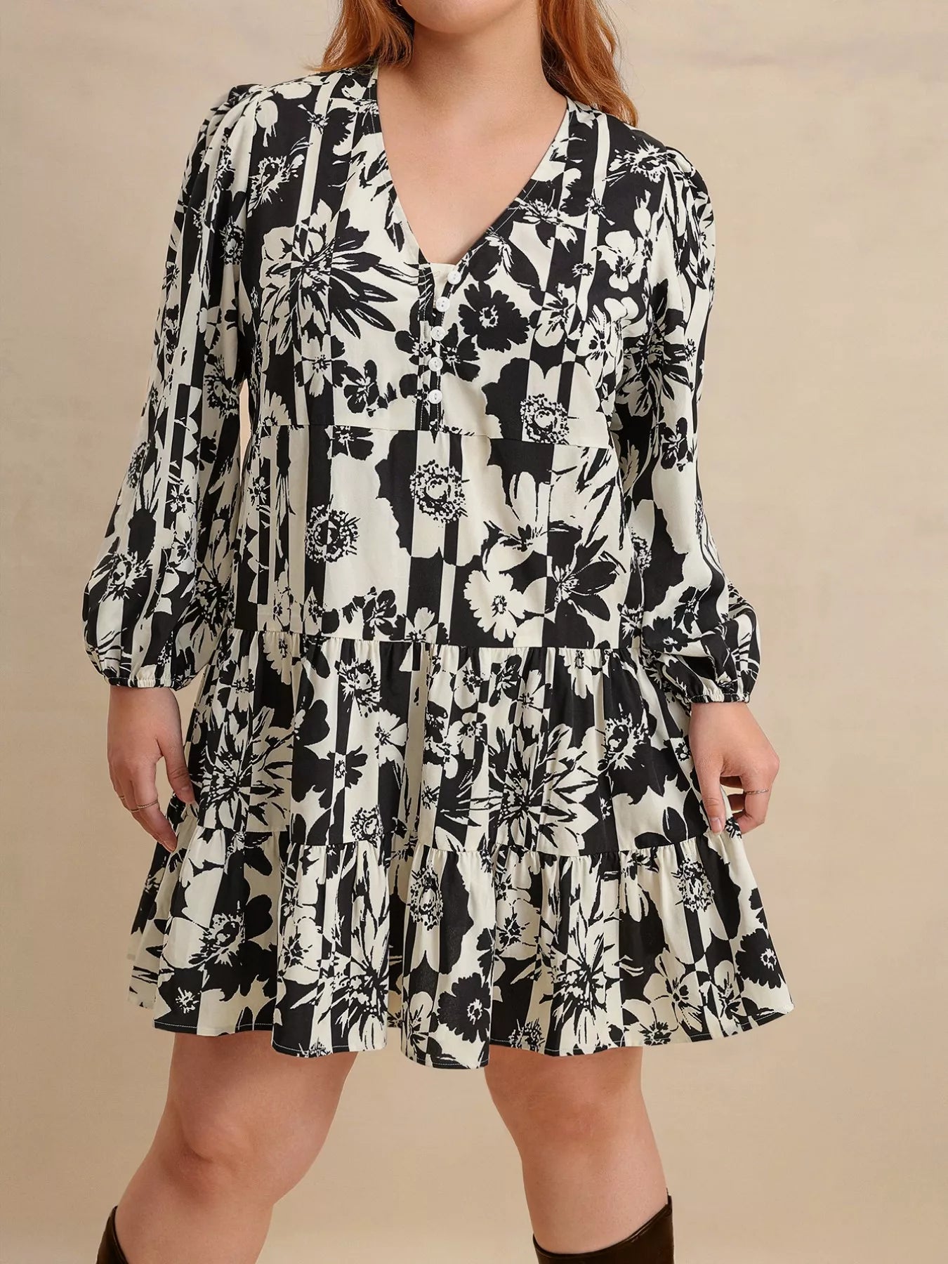 Hazel Blues® | Printed V-Neck Long Sleeve Mini Dress