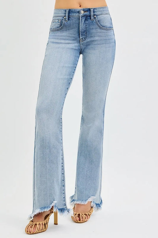 Hazel Blues® | RISEN Tummy Control Mid Rise Flare Jeans with Fray Hem Detailed