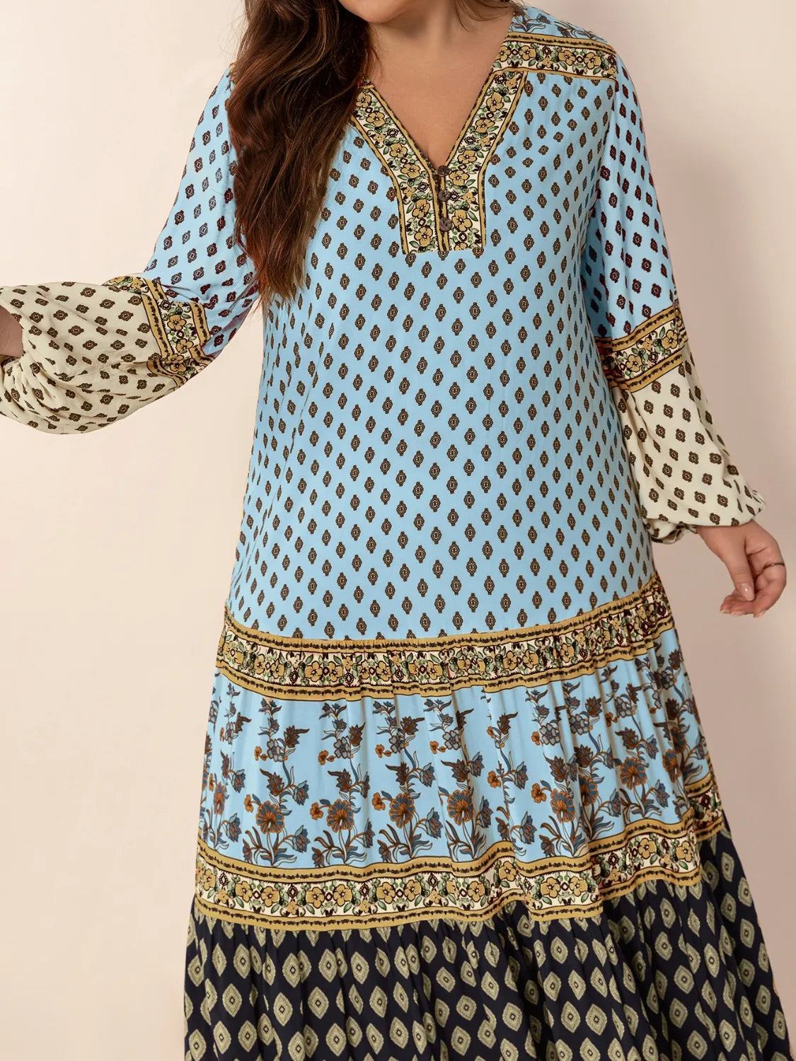 Hazel Blues® | Printed V-Neck Balloon Sleeve Maxi Dress