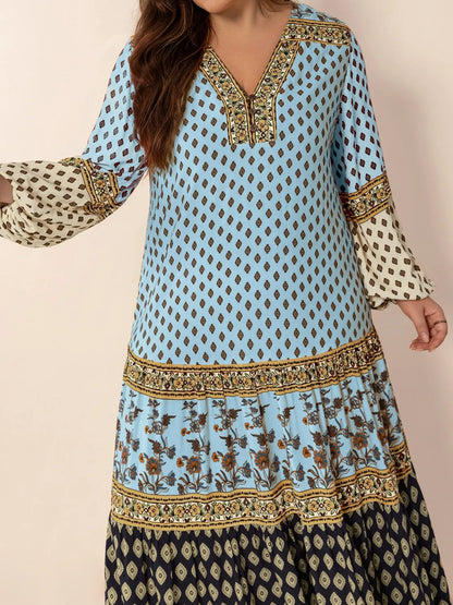 Hazel Blues® | Printed V-Neck Balloon Sleeve Maxi Dress