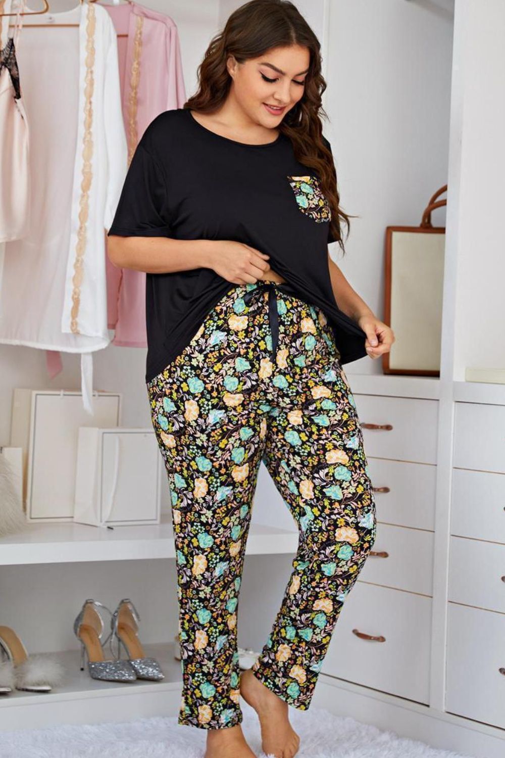 Hazel Blues® | Contrast Round Neck Tee and Floral Pants Lounge Set