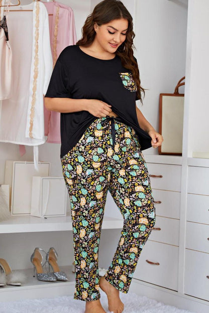 Hazel Blues® | Contrast Round Neck Tee and Floral Pants Lounge Set