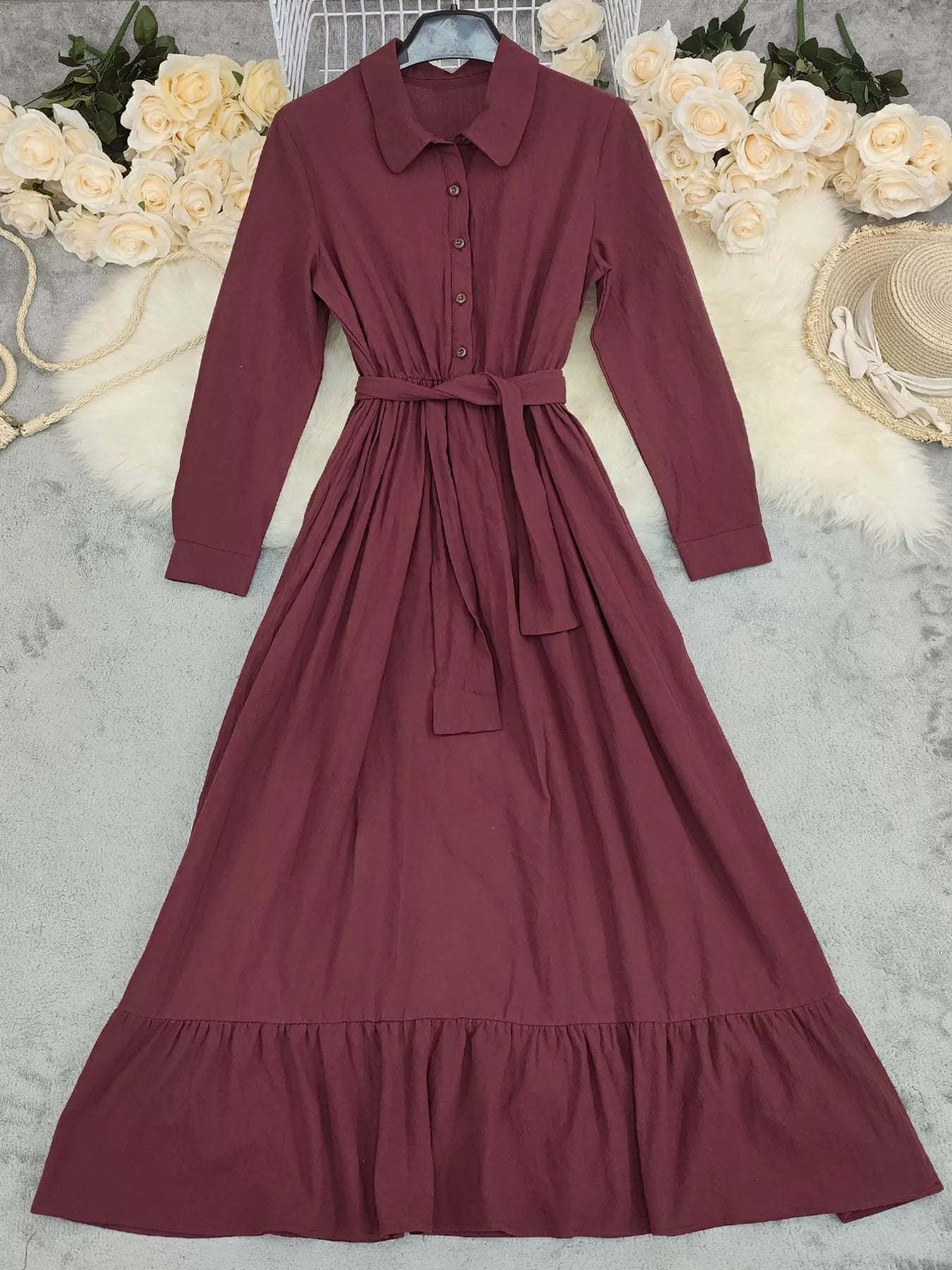 Hazel Blues® |  Tie Waist Long Sleeve Ruffled Hem Dress