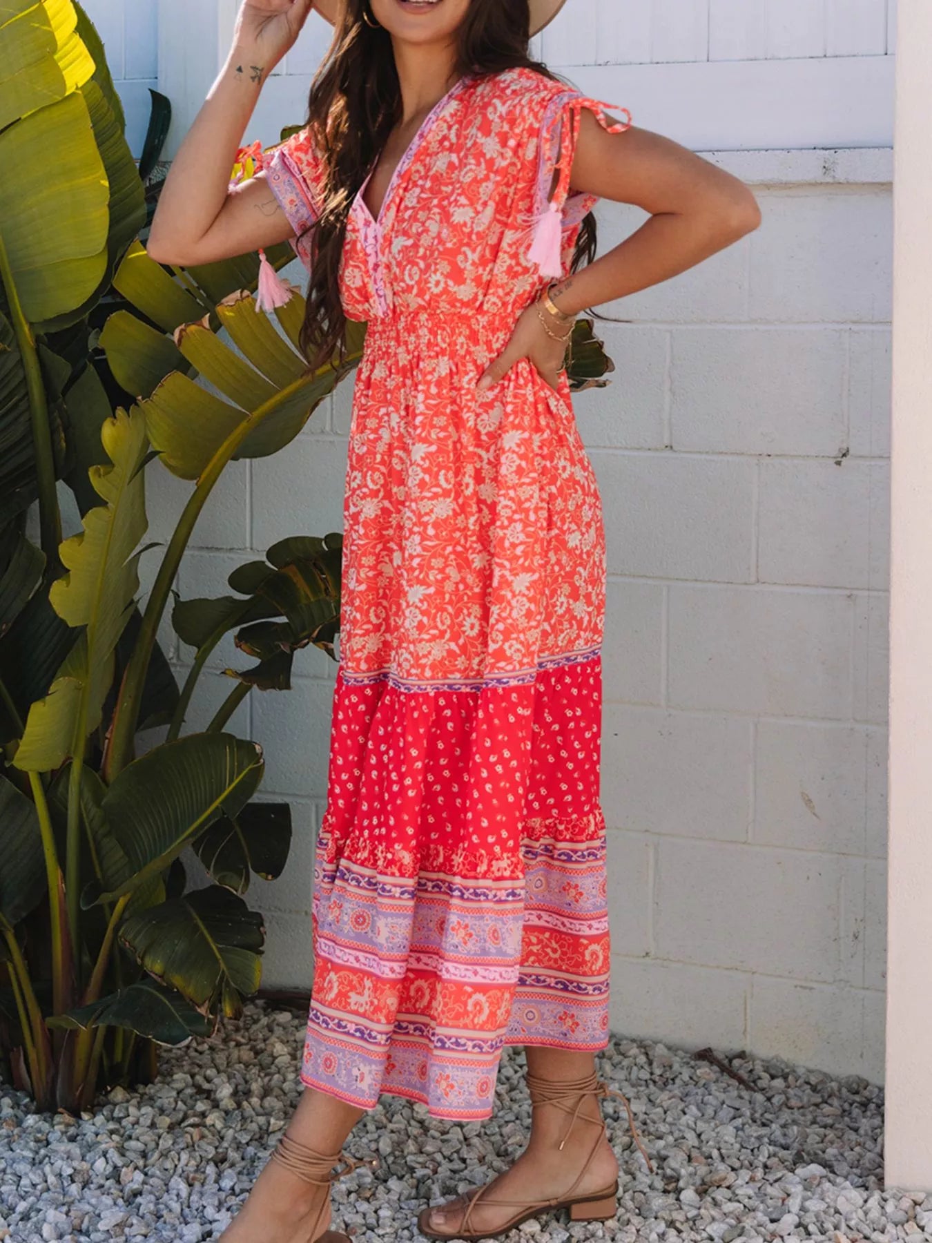 Hazel Blues® |  Floral Print Tasseled Tied Sleeve Empire Waist Dress