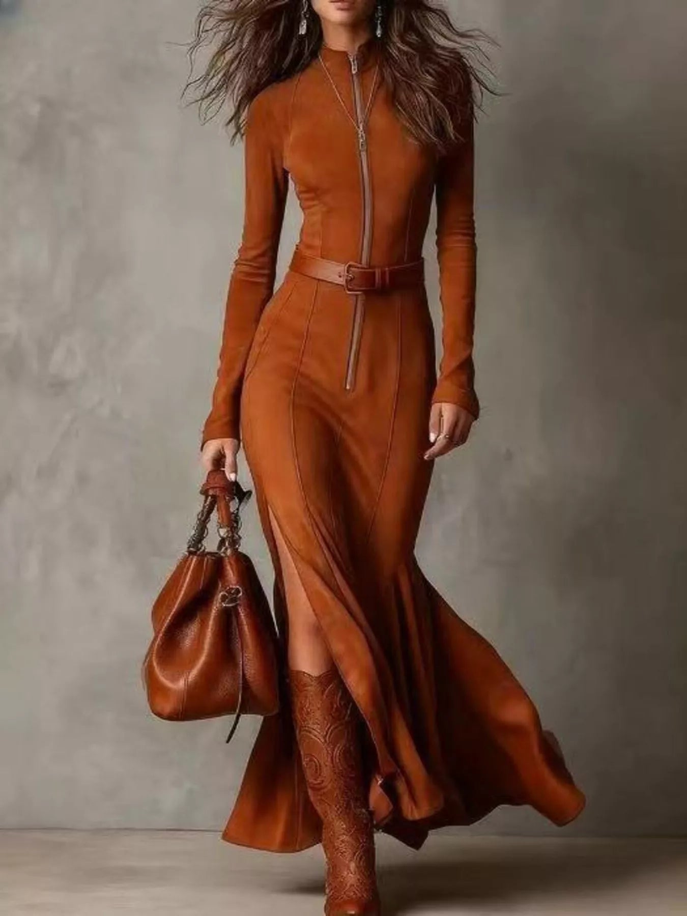 Hazel Blues® | Zipper Front Long Sleeve Slit Maxi Dress