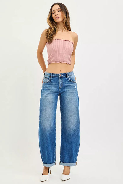 Hazel Blues® | RISEN Mid Rise Barrel Double Roll Up Jeans
