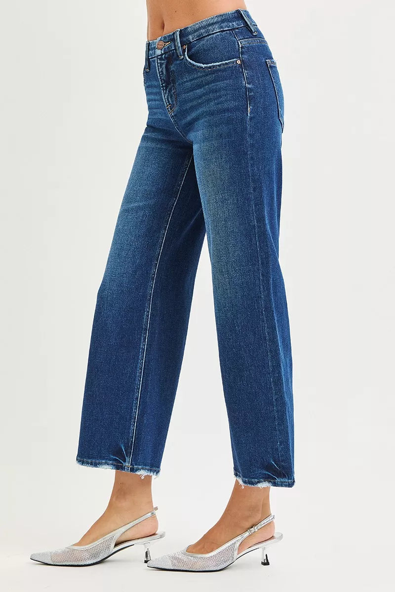 Hazel Blues® |  RISEN Tummy Control 4 Way Stretch High Rise Crop Wide Leg Jeans